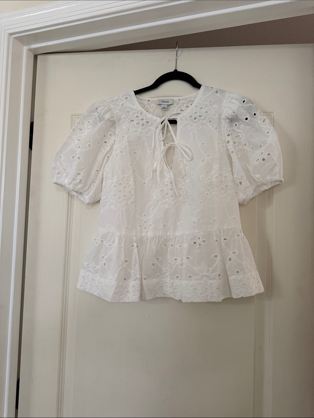 CeCe White Eyelet Tie-Front Peplum Top